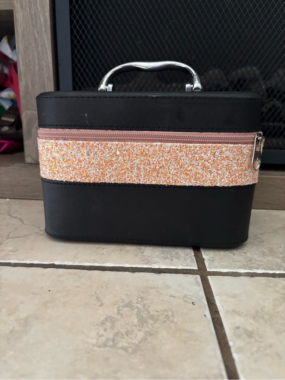 Makeup Train Case with Peach Glitter Accent - Compact Cosmetic Organizer